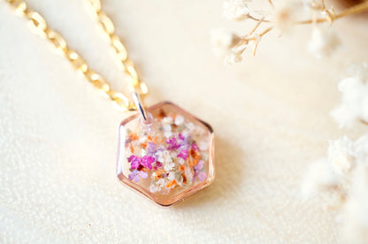 Real Dried Flowers in Resin Necklace, Small Rose Gold Hexagon in Purple Pink Orange White