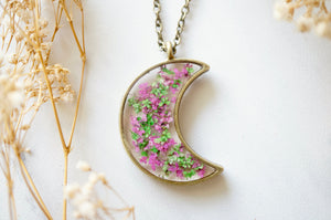Real Pressed Flower and Resin Moon Necklace in Green and Pink