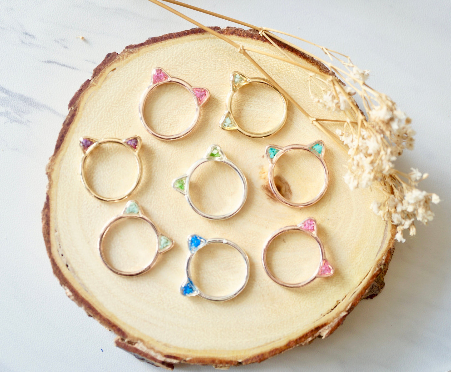 Real Pressed Flowers and Resin Cat Ring in Rose Gold and Teal