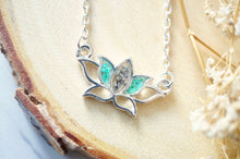 Real Pressed Flowers and Resin Necklace Silver Lotus Flower in Teal and Deep Purple