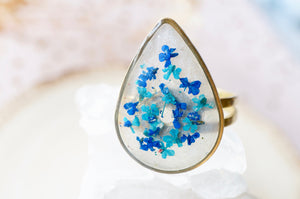 Real Pressed Flower and Resin Ring, Gold Teardrop in Teal and Blue