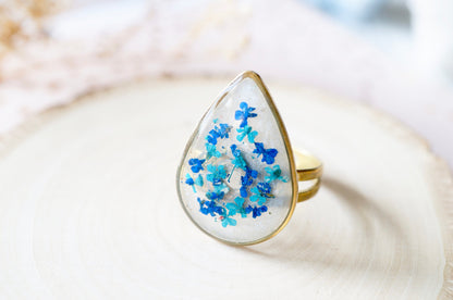 Real Pressed Flower and Resin Ring, Gold Teardrop in Teal and Blue