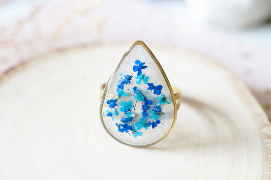 Real Pressed Flower and Resin Ring, Gold Teardrop in Teal and Blue