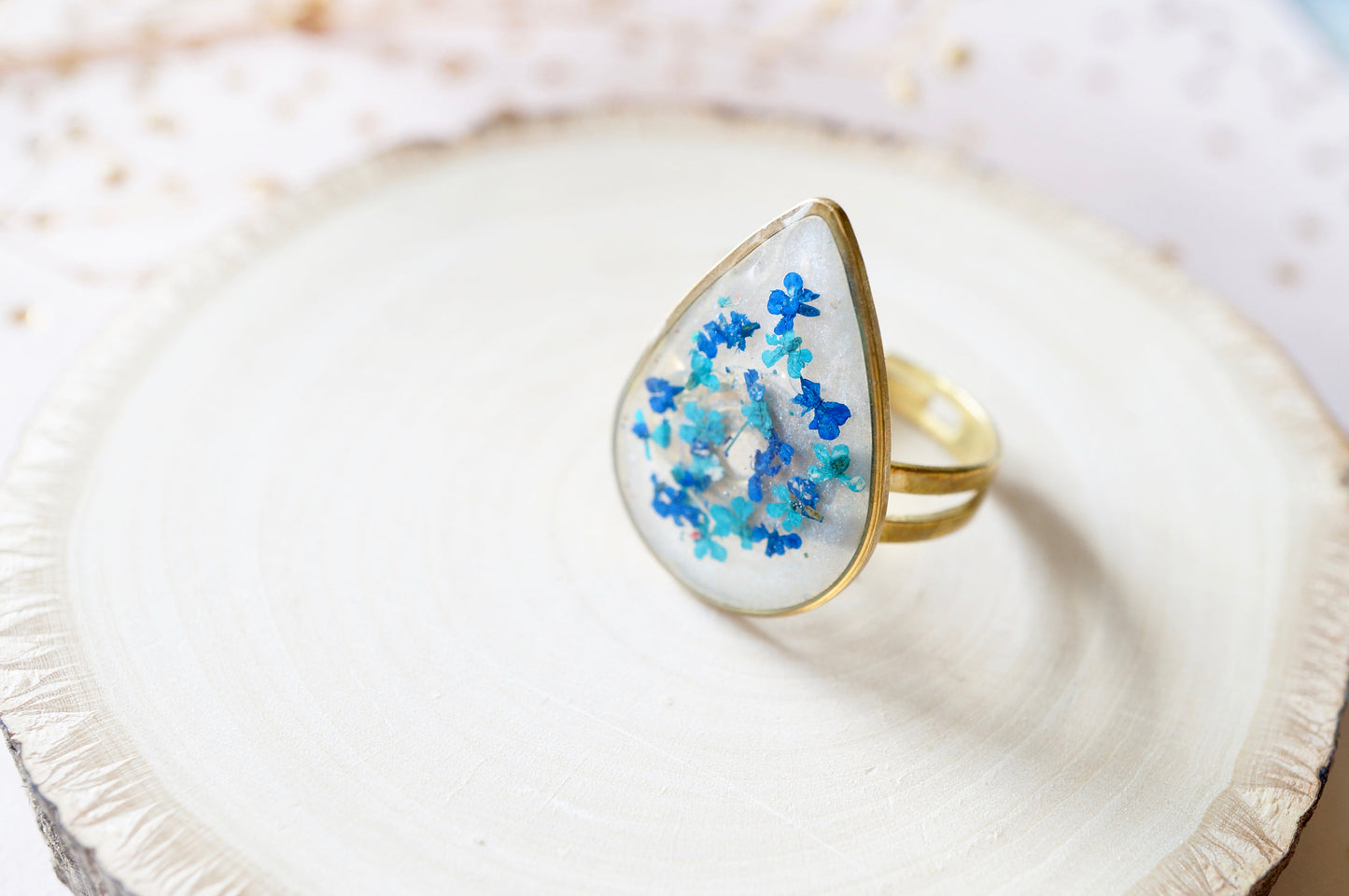 Real Pressed Flower and Resin Ring, Gold Teardrop in Teal and Blue