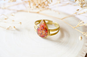Real Pressed Flower and Resin Ring, Small Gold Teardrop in Orange Red Purple