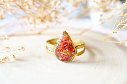 Real Pressed Flower and Resin Ring, Small Gold Teardrop in Orange Red Purple