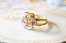 Real Pressed Flower and Resin Ring, Gold Hexagon in Purple Orange Baby Blue
