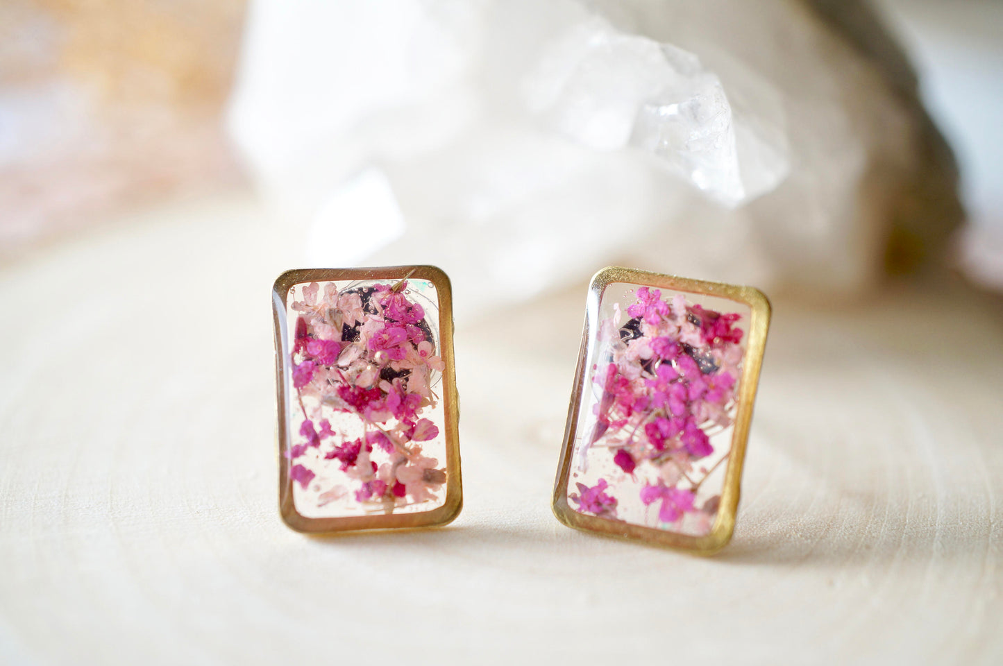 Real Dried Flowers and Resin Stud Earrings, Gold Rectangle in Pink Mix