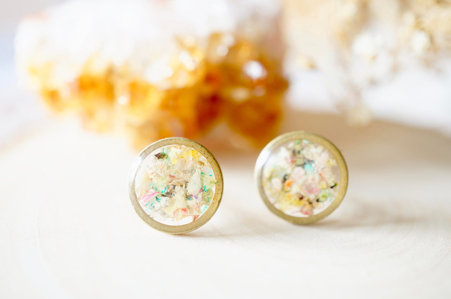 Real Dried Flowers and Resin Stud Earrings, Raw Brass Circle in Pastel Mix