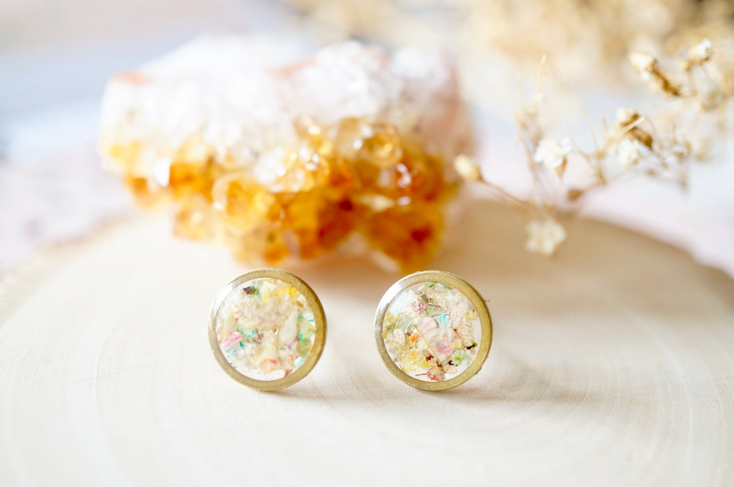 Real Dried Flowers and Resin Stud Earrings, Raw Brass Circle in Pastel Mix