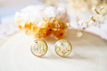 Real Dried Flowers and Resin Stud Earrings, Raw Brass Circle in Pastel Mix