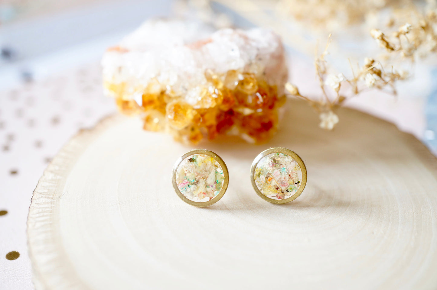 Real Dried Flowers and Resin Stud Earrings, Raw Brass Circle in Pastel Mix