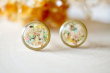 Real Dried Flowers and Resin Stud Earrings, Raw Brass Circle in Pastel Mix