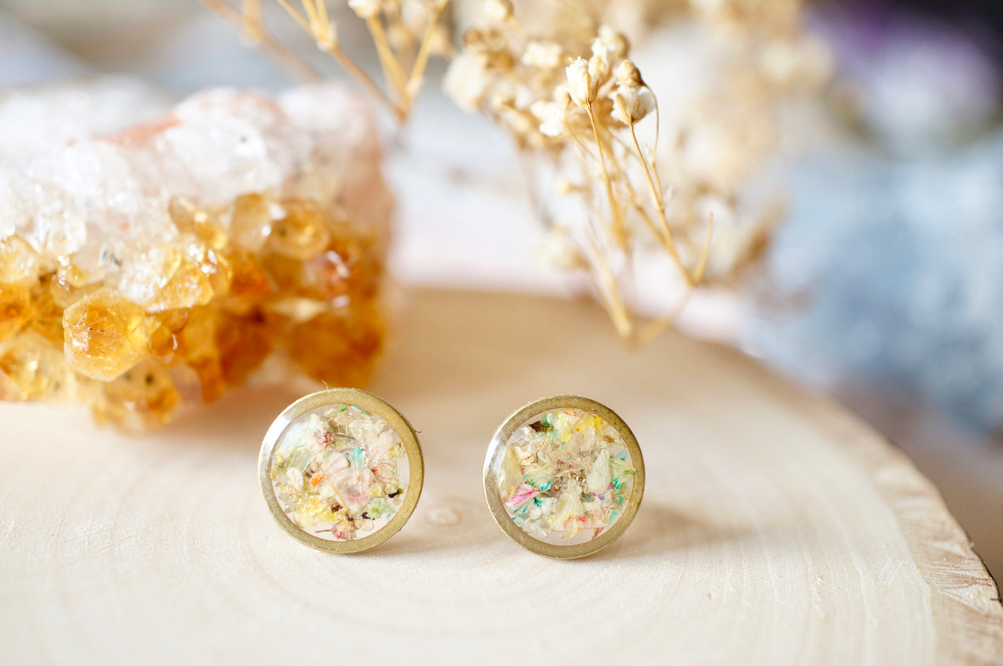 Real Dried Flowers and Resin Stud Earrings, Raw Brass Circle in Pastel Mix