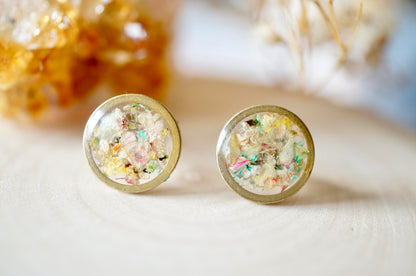 Real Dried Flowers and Resin Stud Earrings, Raw Brass Circle in Pastel Mix