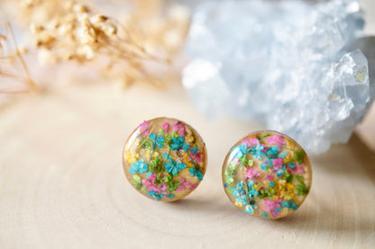 Real Dried Flowers and Resin on Wood Stud Earrings in Teal Green Pink Yellow