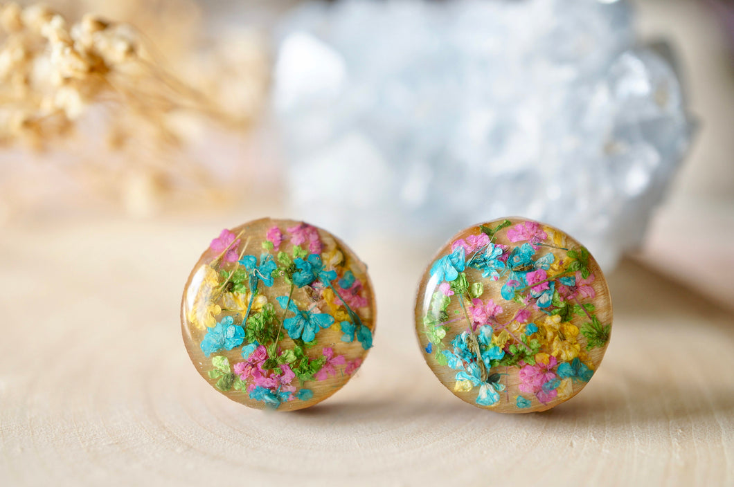 Real Dried Flowers and Resin on Wood Stud Earrings in Teal Green Pink Yellow