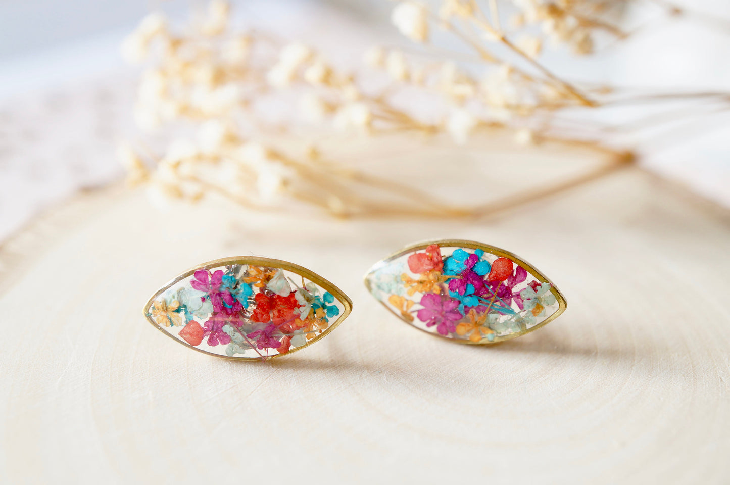 Real Dried Flowers and Resin Eye Stud Earrings in Jewel Mix