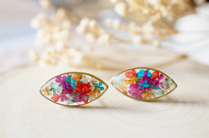 Real Dried Flowers and Resin Eye Stud Earrings in Jewel Mix