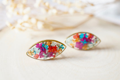 Real Dried Flowers and Resin Eye Stud Earrings in Jewel Mix