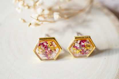 Real Dried Flowers and Resin Hexagon Gold Stud Earrings in Yellow Pink Magenta