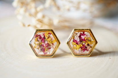 Real Dried Flowers and Resin Hexagon Gold Stud Earrings in Yellow Pink Magenta