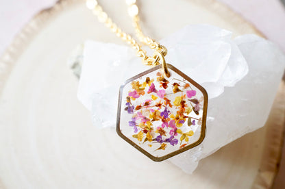 Real Dried Flowers in Resin Necklace, Gold Hexagon in Yellow Orange Pink Purple