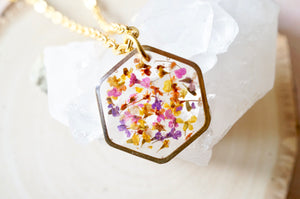 Real Dried Flowers in Resin Necklace, Gold Hexagon in Yellow Orange Pink Purple
