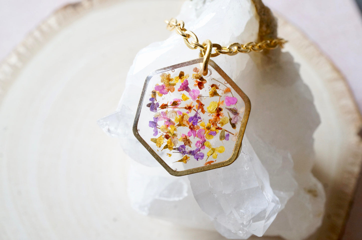 Real Dried Flowers in Resin Necklace, Gold Hexagon in Yellow Orange Pink Purple