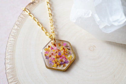 Real Dried Flowers in Resin Necklace, Gold Hexagon in Yellow Orange Pink Purple