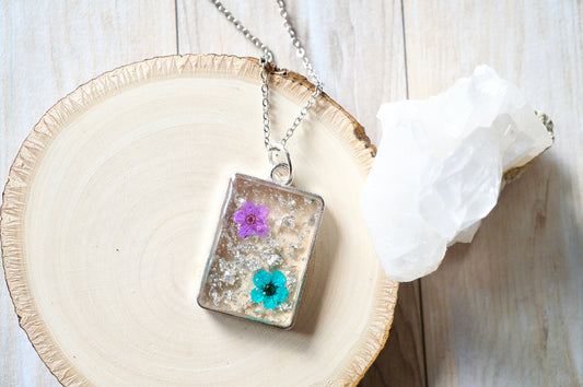 Real Dried Flowers in Resin Necklace, Silver Rectangle in Pink and Teal with Silver Flakes