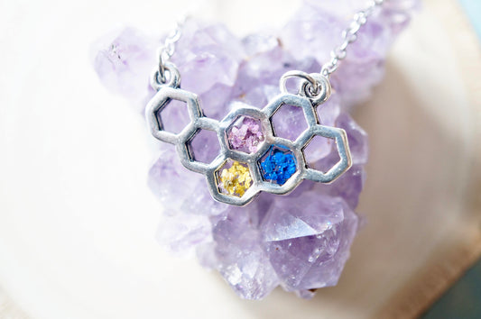 Real Dried Flowers in Honeycomb Resin Necklace in Purple Blue Yellow