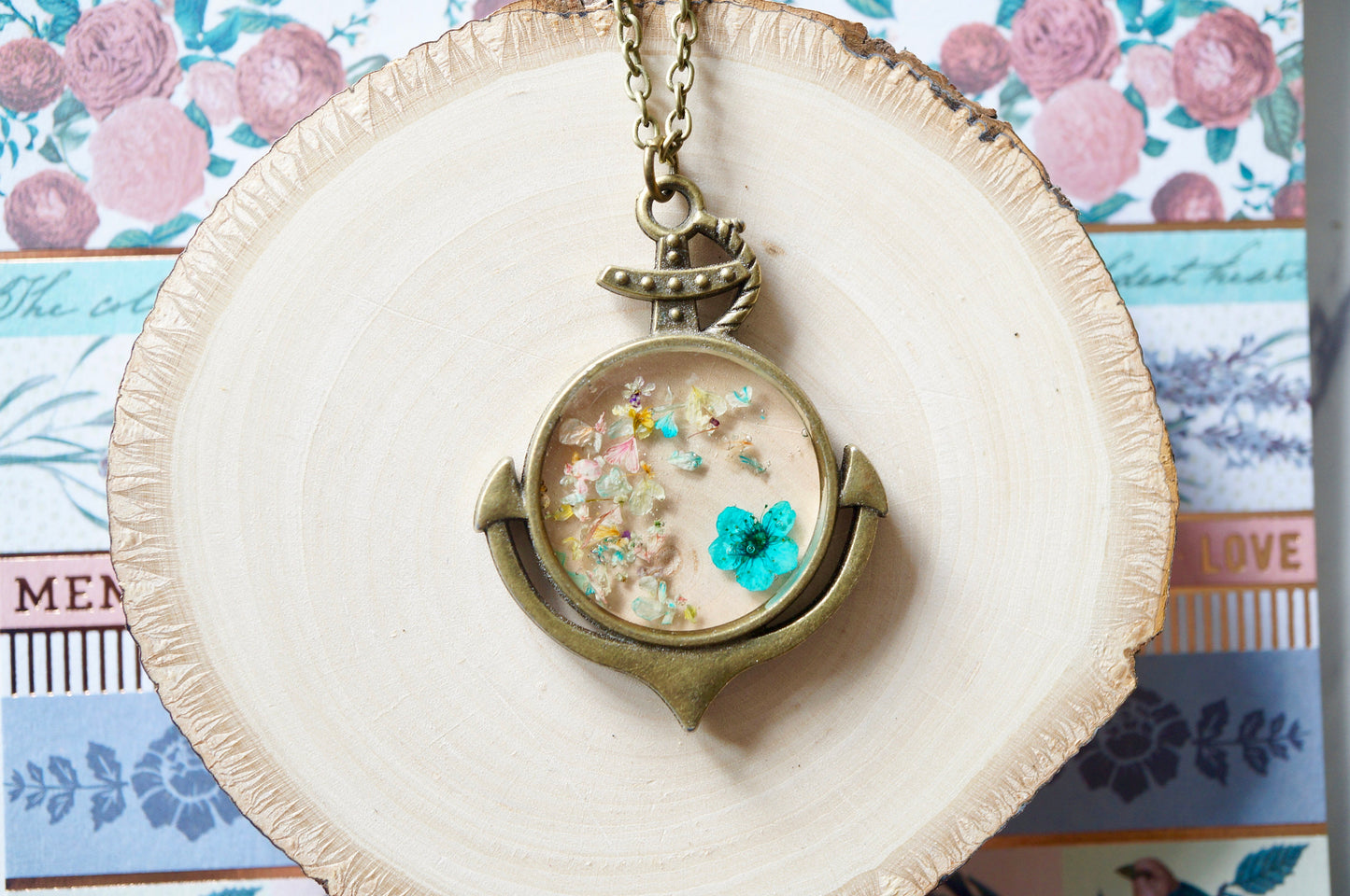 Real Dried Flowers in Resin Anchor Necklace in Teal and Pastel Mix