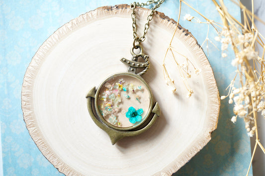 Real Dried Flowers in Resin Anchor Necklace in Teal and Pastel Mix