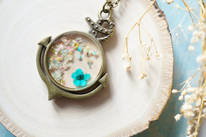 Real Dried Flowers in Resin Anchor Necklace in Teal and Pastel Mix