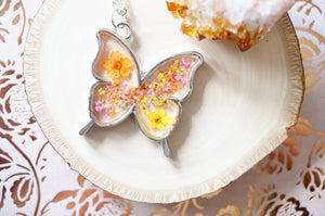 Real Dried Flowers and Resin Necklace, Silver Butterfly in Orange Yellow and Pinks