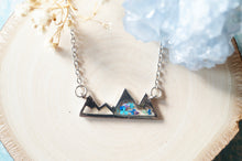 Real Pressed Flowers and Resin Necklace, Silver Mountains in Blue Teal Purple Mint