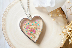 Real Dried Flowers in Resin Necklace, Silver Heart in Teal Yellow Peach Pink