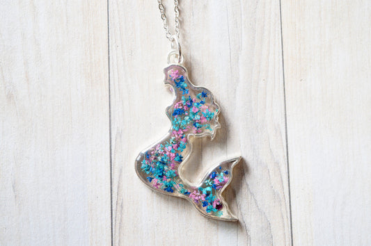 Real Dried Flowers in Resin Necklace, Silver Mermaid in Pink Blue Teal