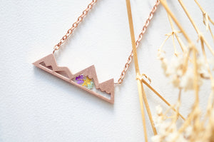 Real Pressed Flowers and Resin Necklace, Rose Gold Mountains