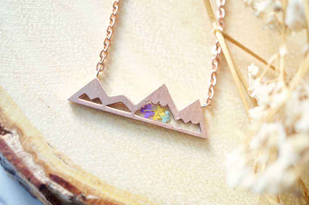 Real Pressed Flowers and Resin Necklace, Rose Gold Mountains