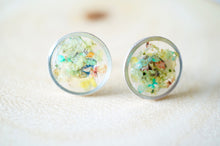 Real Dried Flowers and Resin Stud Earrings, Silver Circle in Pastel Mix