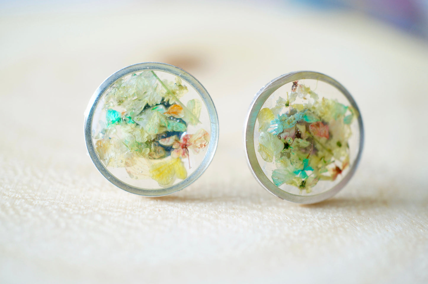 Real Dried Flowers and Resin Stud Earrings, Silver Circle in Pastel Mix