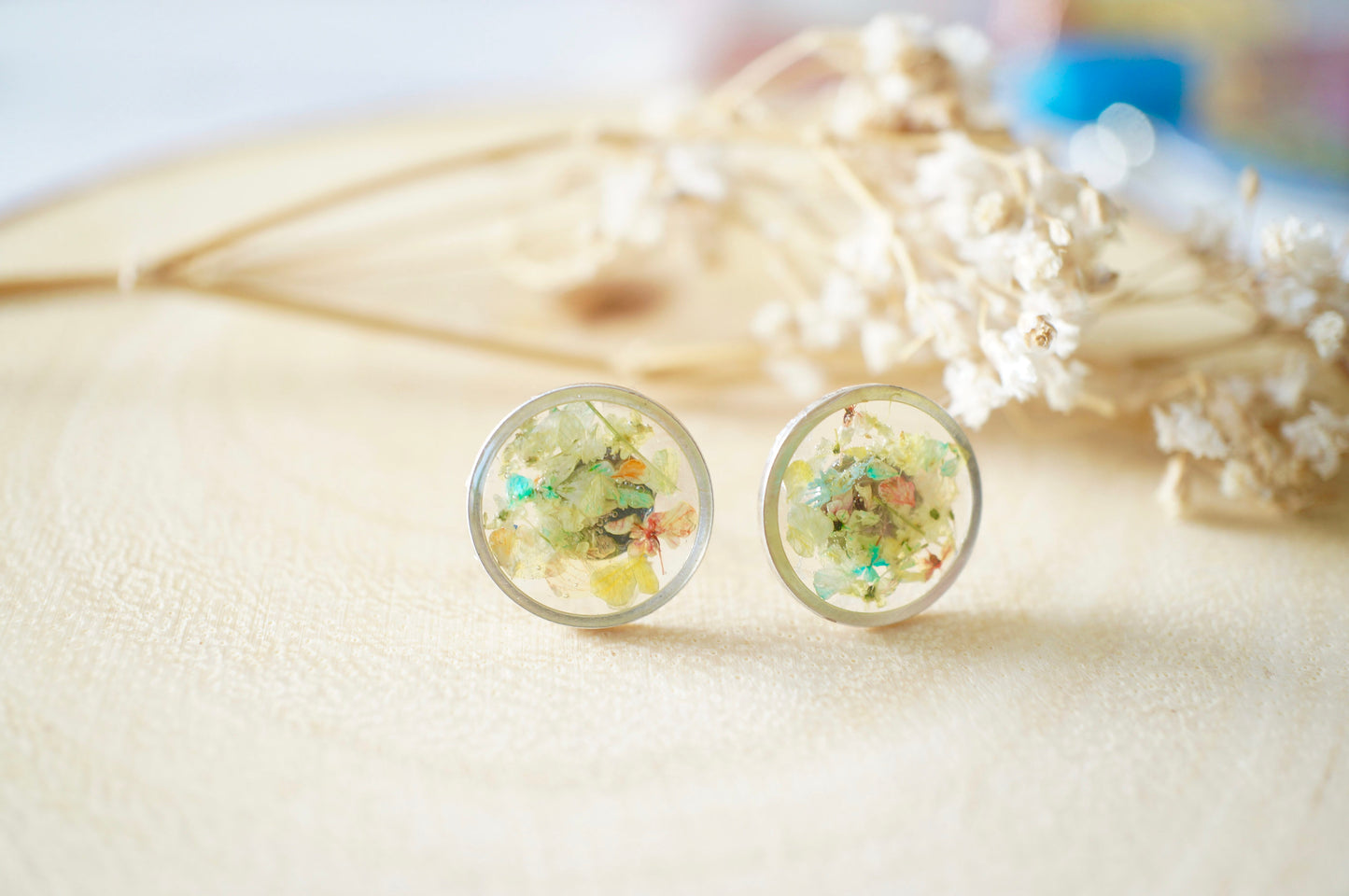 Real Dried Flowers and Resin Stud Earrings, Silver Circle in Pastel Mix