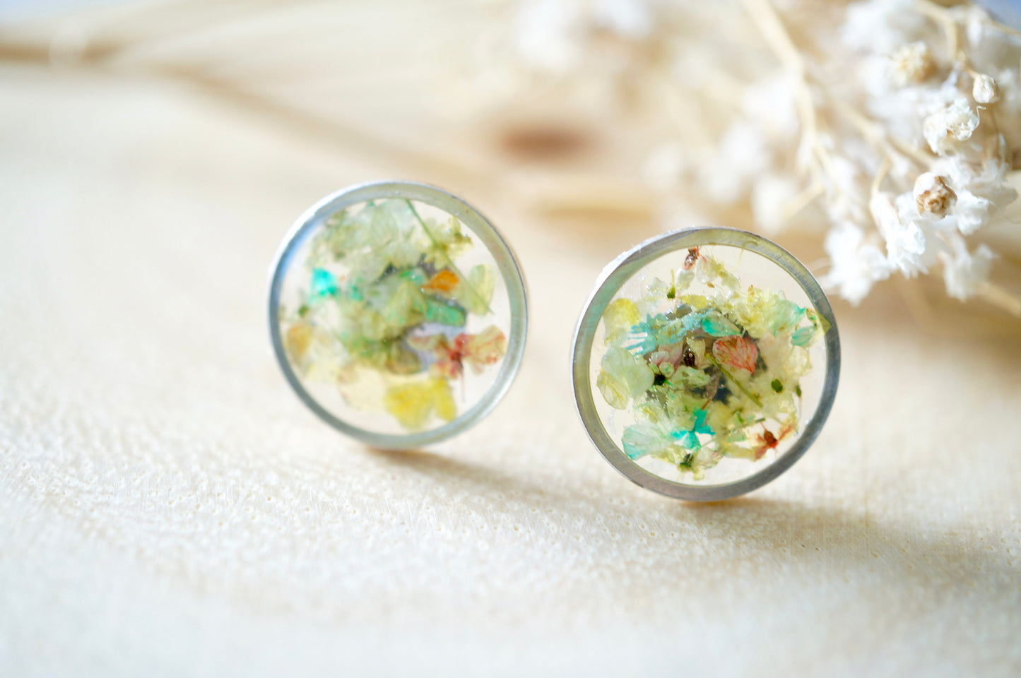 Real Dried Flowers and Resin Stud Earrings, Silver Circle in Pastel Mix