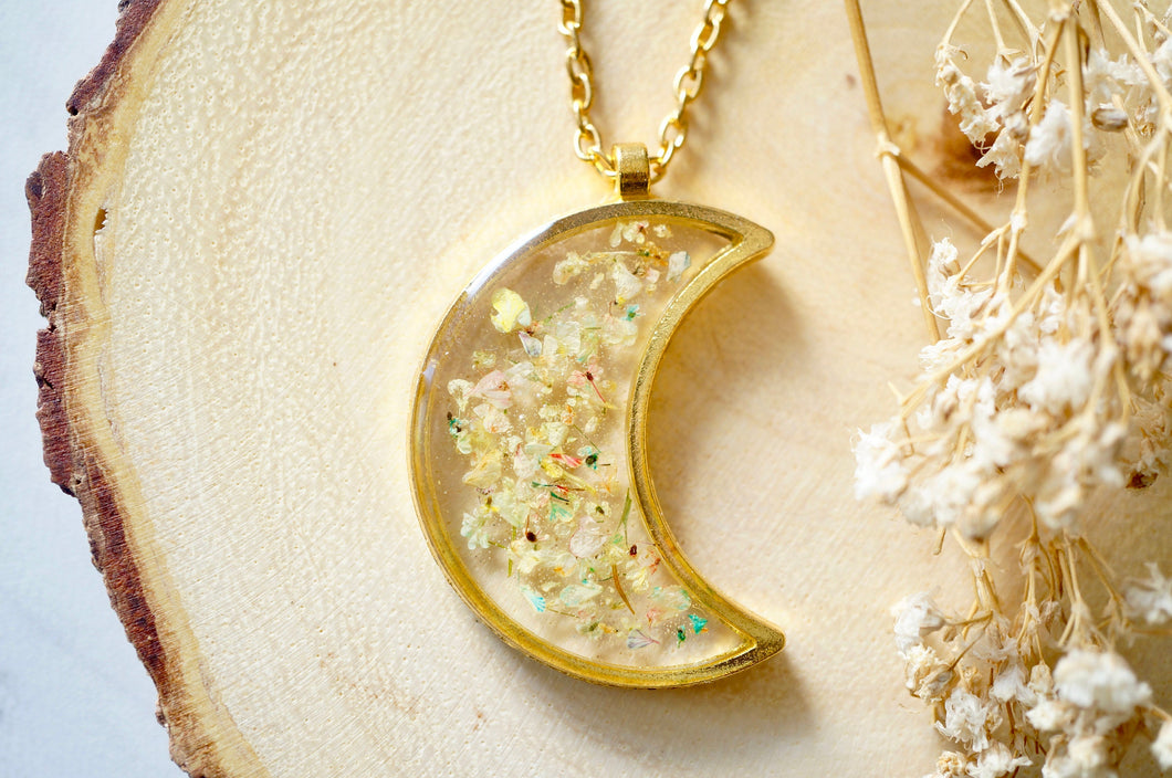 Real Pressed Flowers and Resin Necklace, Celestial Gold Moon Necklace in Pastel Mix