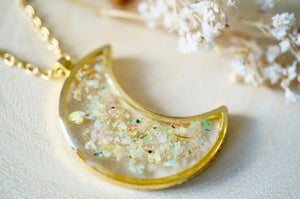 Real Pressed Flowers and Resin Necklace, Celestial Gold Moon Necklace in Pastel Mix