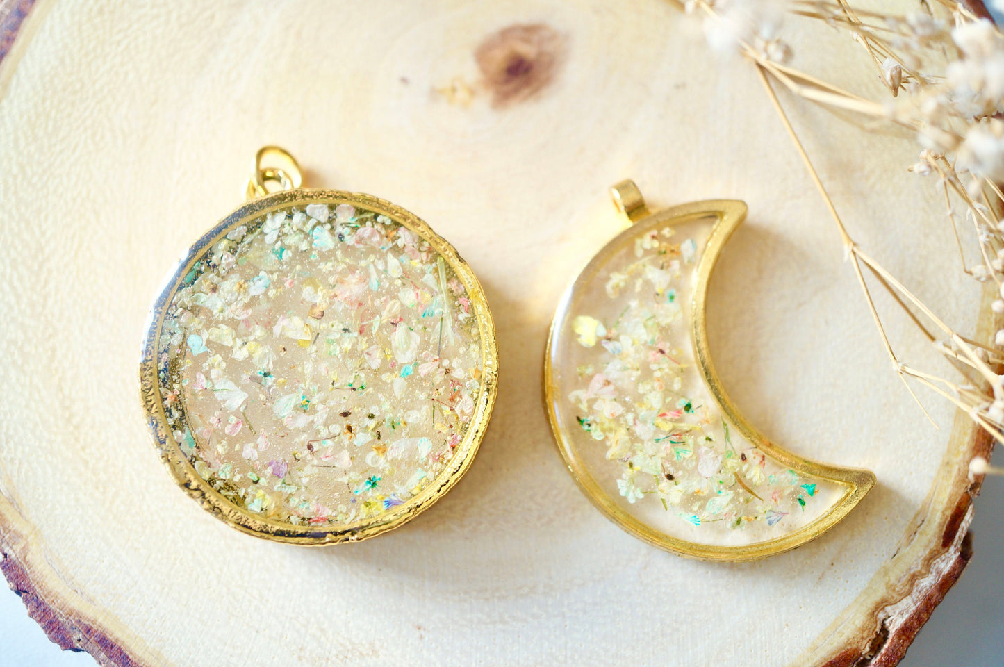 Real Pressed Flowers and Resin Necklace, Celestial Gold Moon Necklace in Pastel Mix