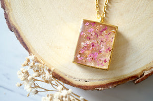 Real Dried Flowers in Resin Necklace, Gold Rectangle in Pink Mix