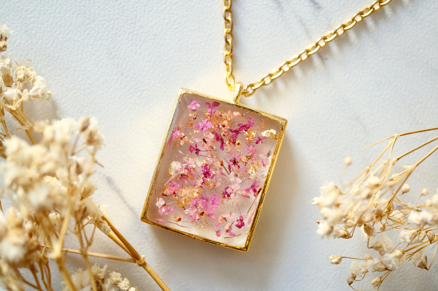 Real Dried Flowers in Resin Necklace, Gold Rectangle in Pink Mix